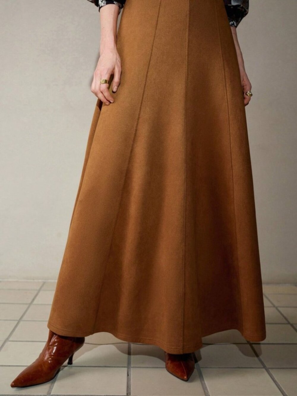 Camel Vegan Suede Finish A-Line Maxi Skirt with Seam Detail